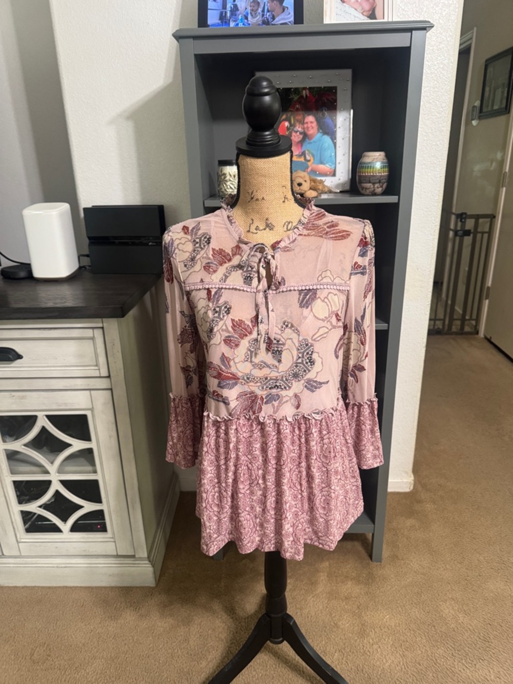 Knox Rose Pink Floral Tiered Peasant Blouse size M